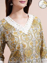 Vishudh Cream Printed V-Neck Three-Quarter Sleeves Pure Cotton Top With Trouser
