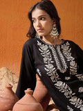 Indo Era Black Floral Embroidered Straight Kurta