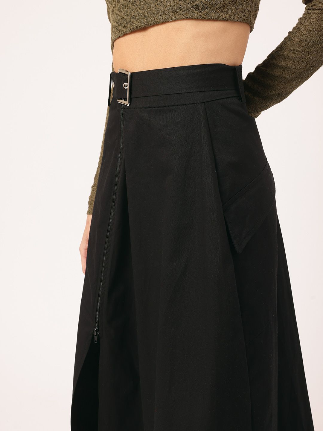 DressBerry Luxe Line Belted Midi A-line Skirt with Zip-Detail