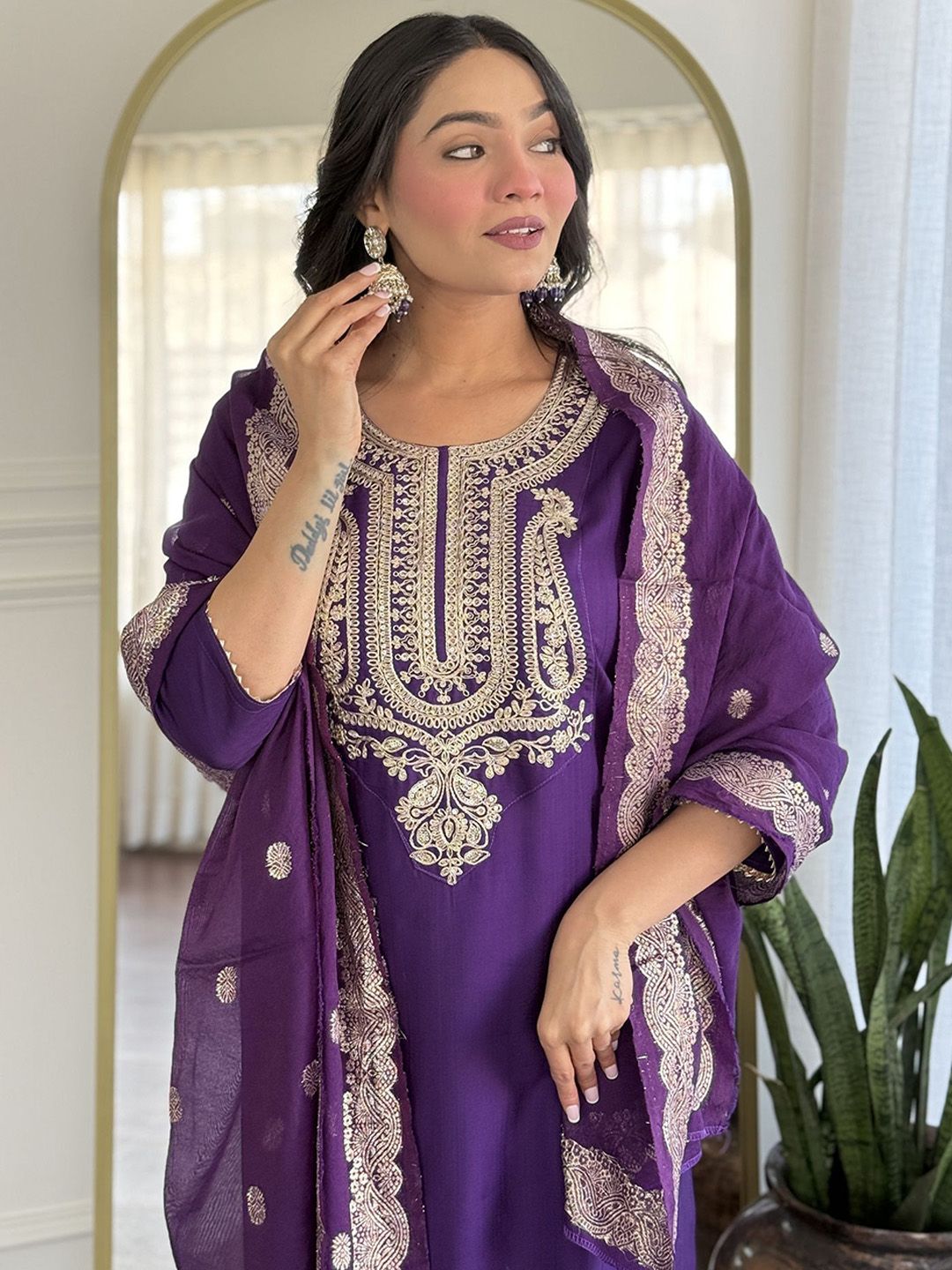 KALINI Ethnic Motifs Yoke Design Pure Silk Straight Kurta With Trousers & Dupatta