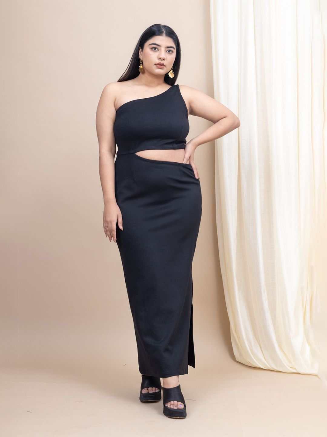Mamicha Women Solid Black One Shoulder Neck Cut-Outs Detail Maxi Dress