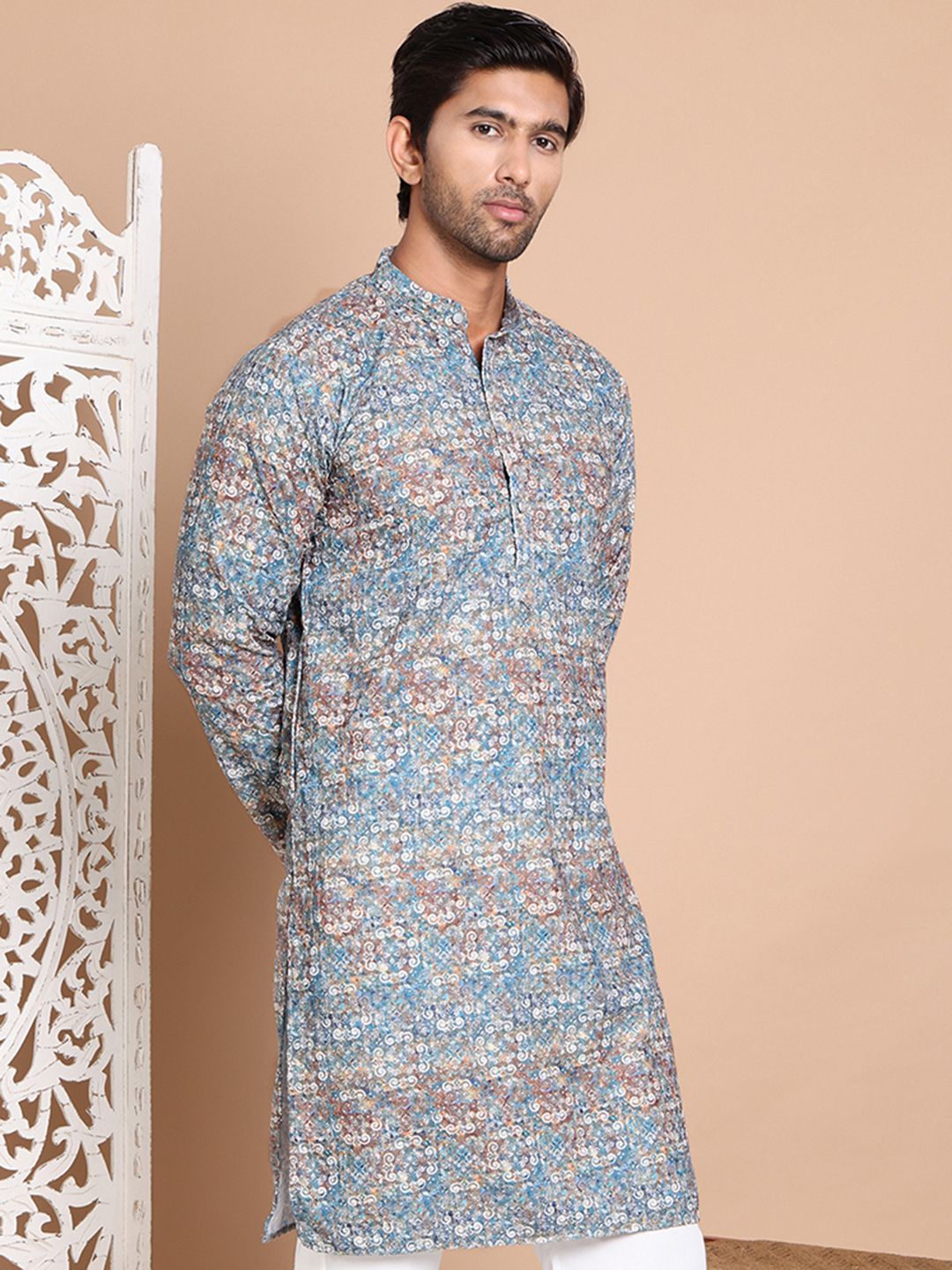 Jompers Men Floral Printed Chikankari Floral Kurta