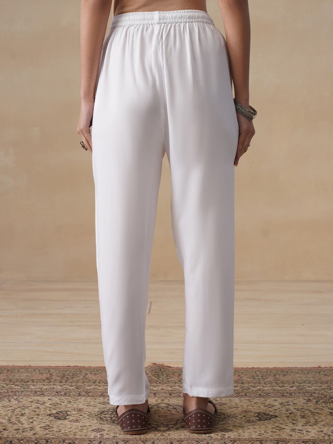 House of Chikankari Women White Rayon Solid Pant