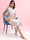 KALINI Floral Printed Round Neck Three Quarter Sleeves Straight Kurta With Trousers