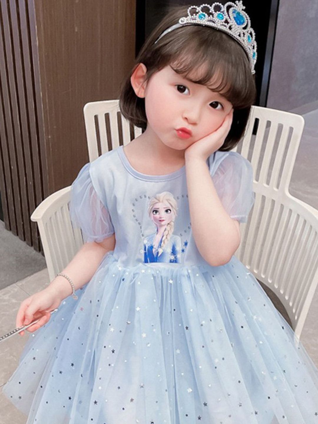 YK Girls Graphic Print Puff Sleeves Fit & Flare Dress