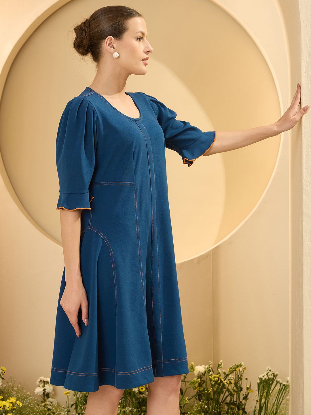 Antheaa Women Puff Sleeve A-Line Dress