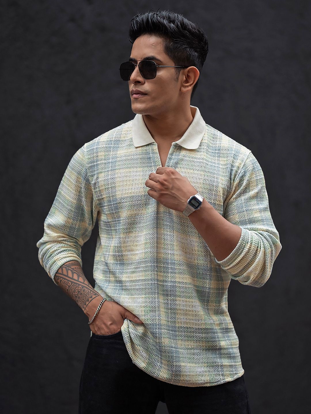 Powerlook Men Checked Polo Collar T-shirt