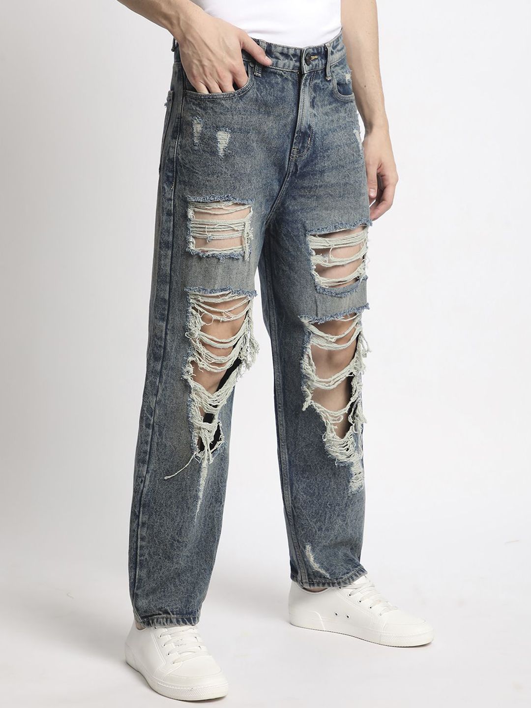Bene Kleed Men Classic Baggy Fit Highly Distressed Heavy Fade Ripped Jeans