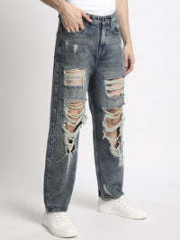 Bene Kleed Men Classic Baggy Fit Highly Distressed Heavy Fade Ripped Jeans