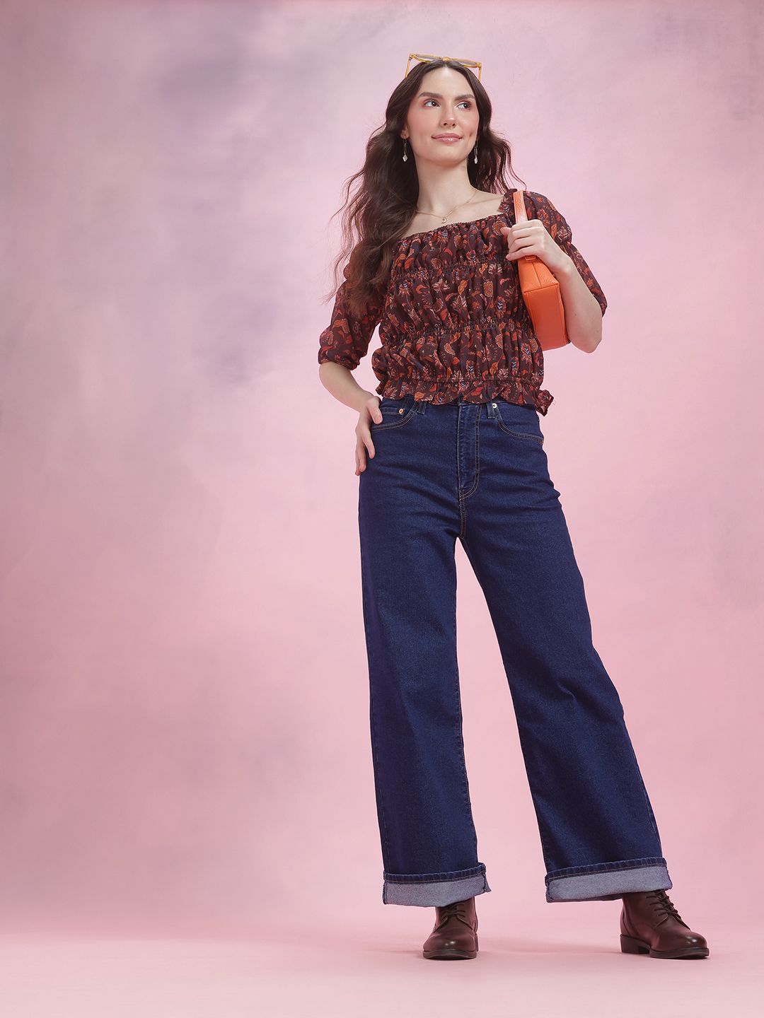 DressBerry Floral Print Smocked Puff Sleeve Top