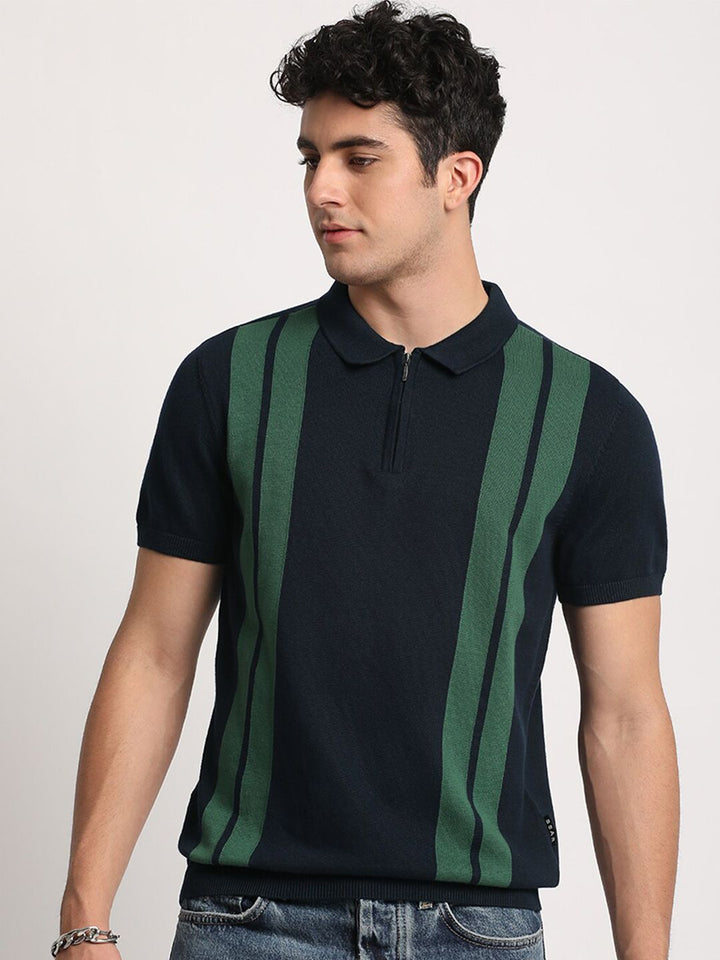 THE BEAR HOUSE Men Striped Regular Fit Cotton Polo Collar T-Shirt