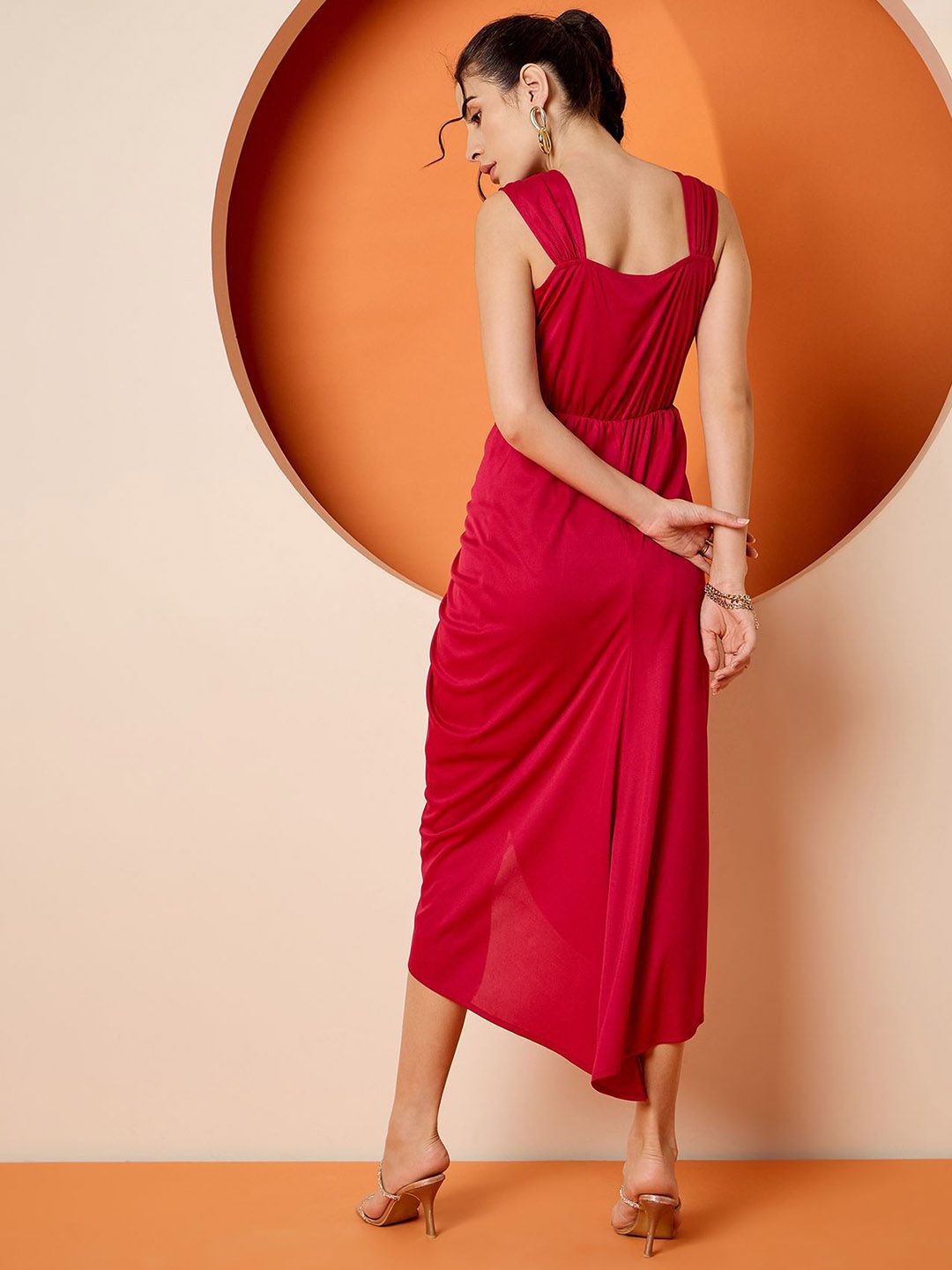 Antheaa Pink Square Neck A-Line Midi Dress With Jacket