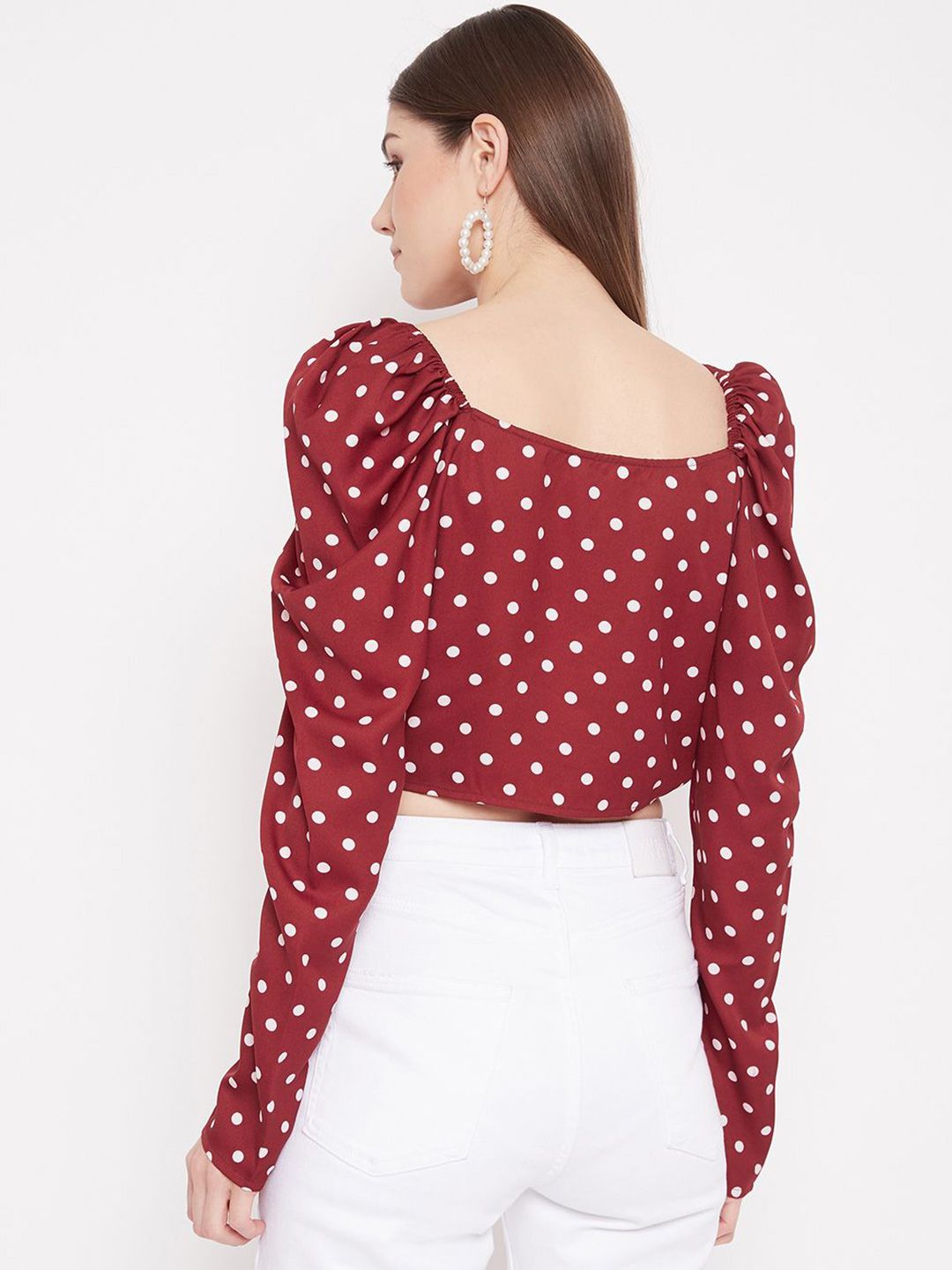Berrylush Polka Dot Print Puff Sleeve Wrap Crop Top