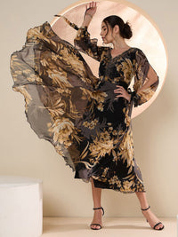 Antheaa Floral Embellished Flared Sleeve Chiffon A-Line Midi Dress