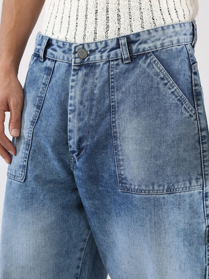 Urbano Fashion Men Light Blue Loose Baggy Fit Carpenter Cargo Jeans