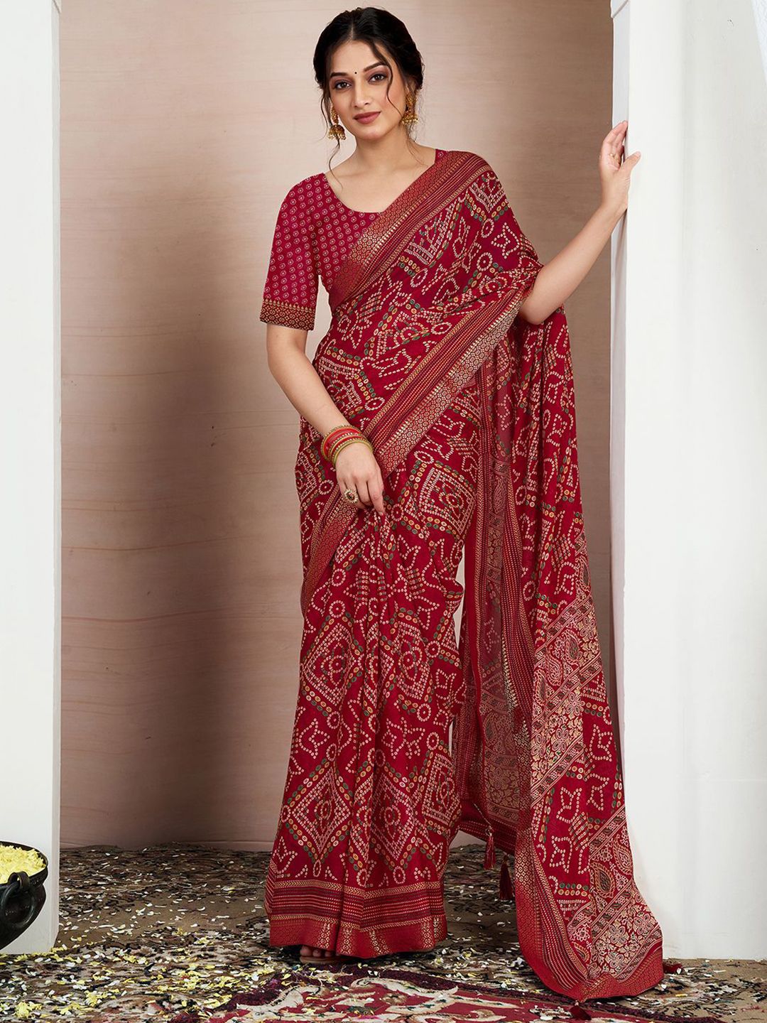 KALINI Bandhani Zari Pure Chiffon Bandhani Saree