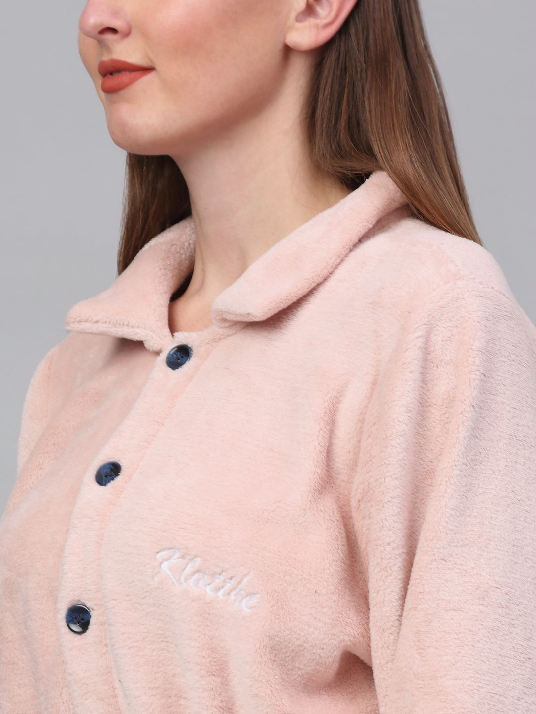 KLOTTHE Pink Woollen Long Sleeves Bath Robe With Belt