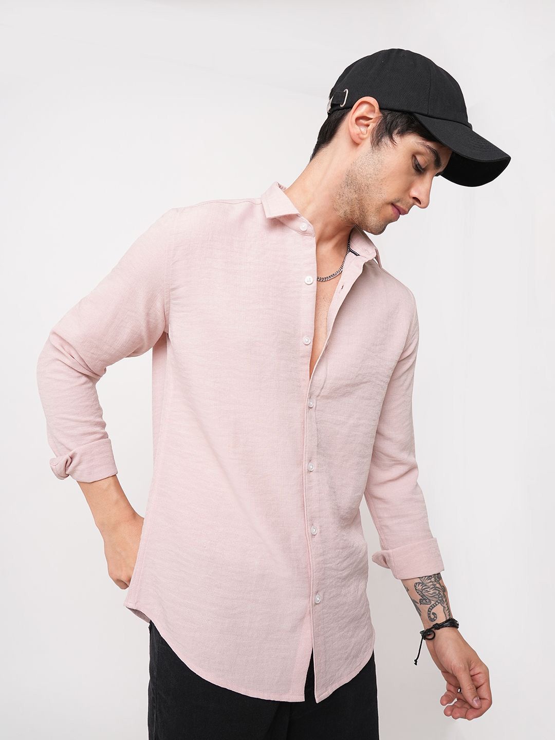 VASTRADO Men Pastel Peach Slub Textured Shirt