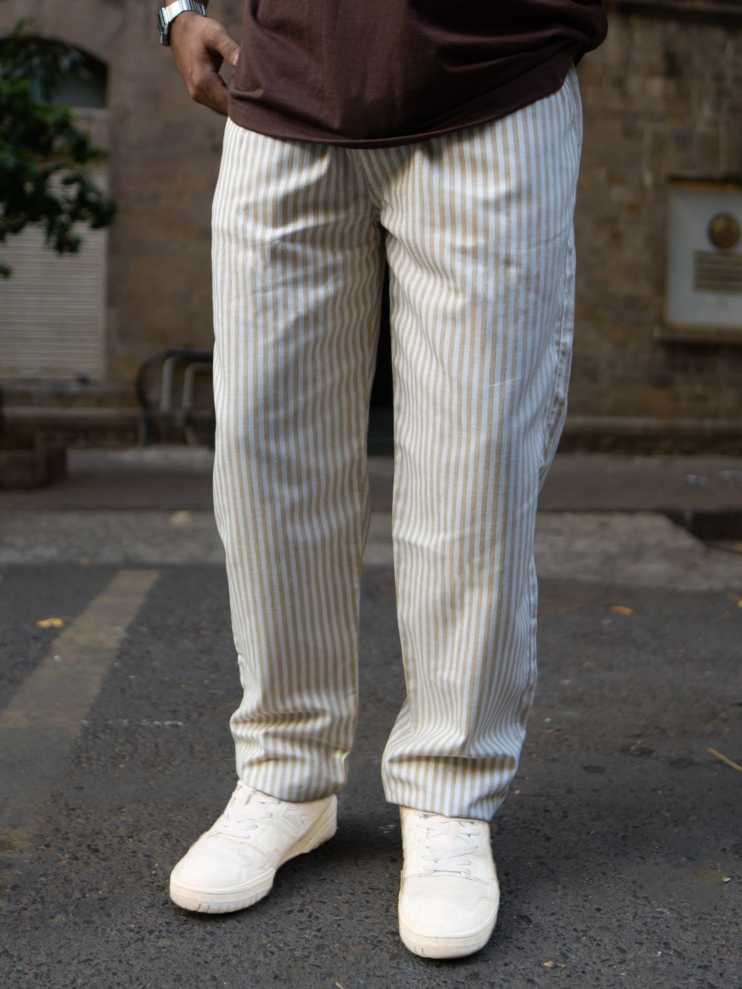 Powerlook Men Beige Stripe Linen Pant