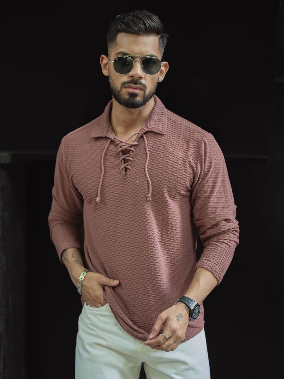 Powerlook Men Self Design Polo Collar T-shirt