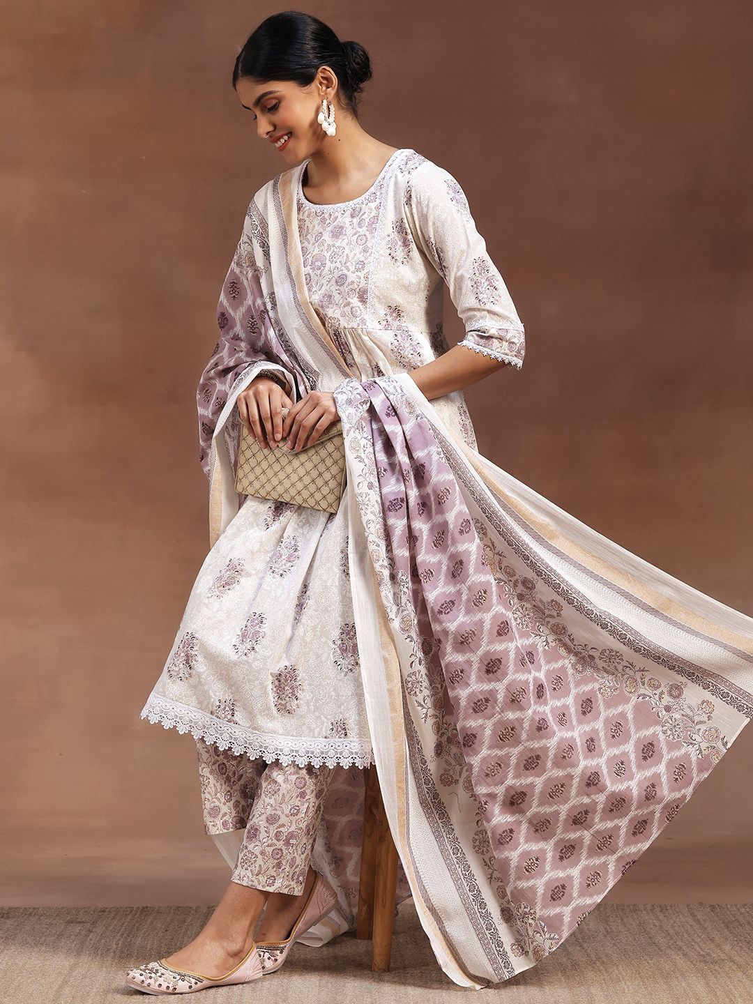 Libas Floral Printed Pleated Pure Cotton Kurta with Trousers & Dupatta