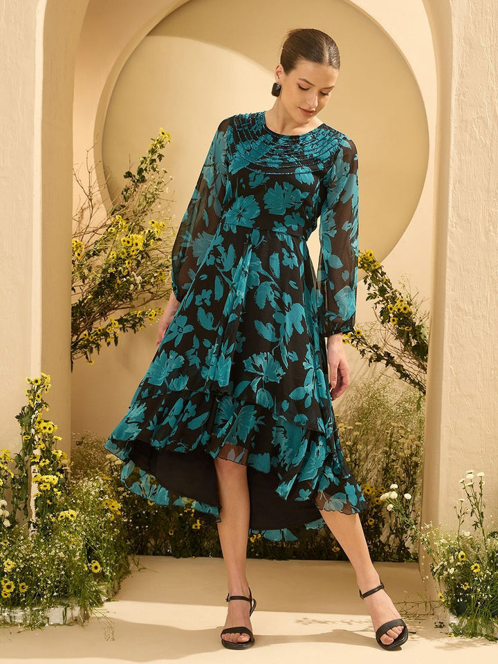 Antheaa Women Floral Printed Embellished Fit and Flare Midi Dress