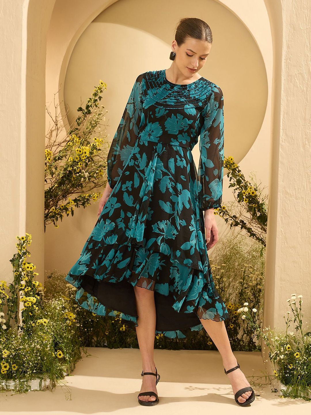 Antheaa Women Floral Printed Embellished Fit and Flare Midi Dress