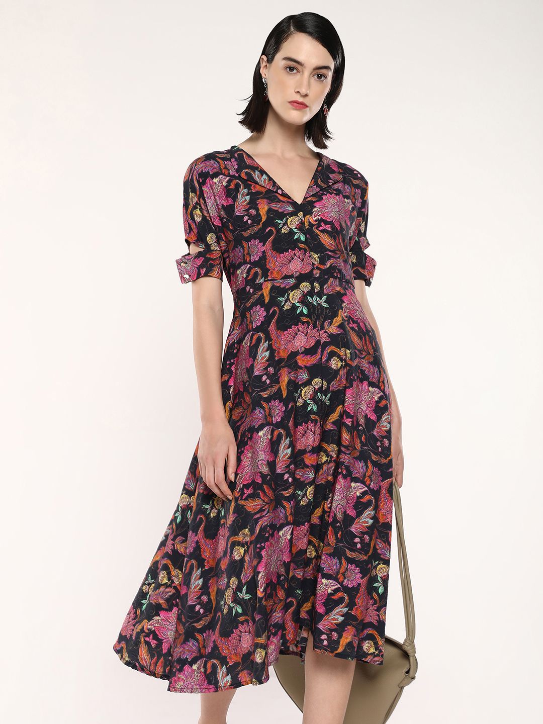 RAREISM Floral Printed Short Sleeves A-Line Midi Dress