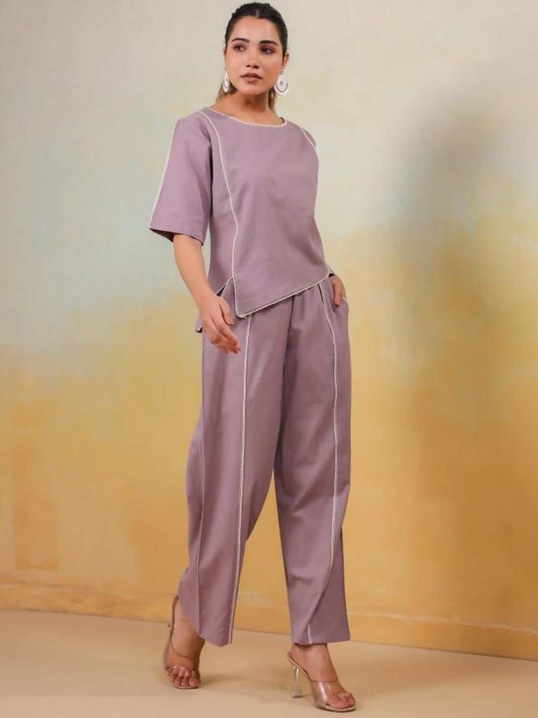 Mamicha Women Solid Round Neck Cotton Top and Trousers Co-Ords