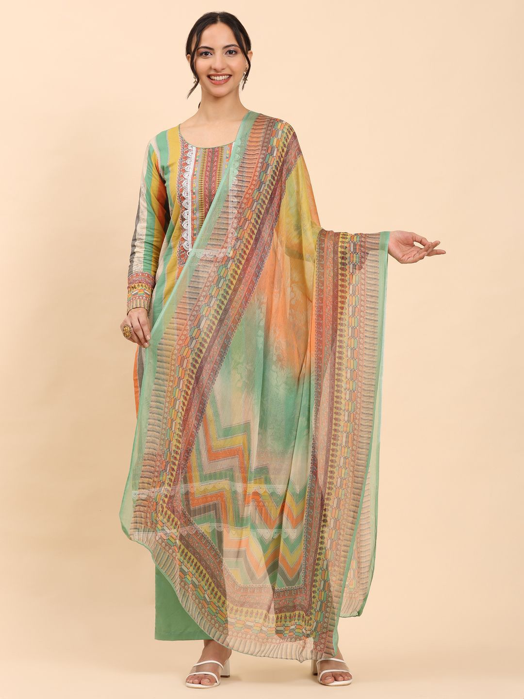 Mamicha Striped Round Neck Straight Cotton Kurta