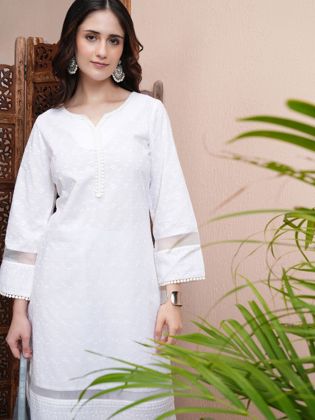 Benang Sulam Bunga Vishudh Berfungsi Kurta Lurus Lurus