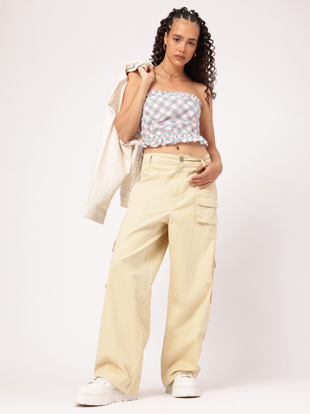 DressBerry Plaid Power Ruffled Crop Bardot Top