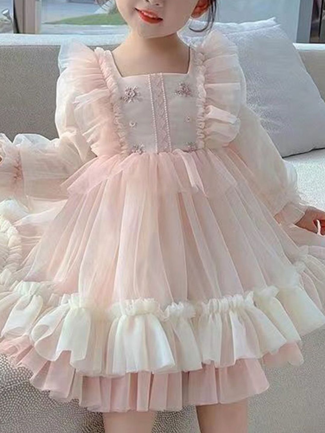 YK Kids-Girls Self Design Square Neck Fit and Flare Dress