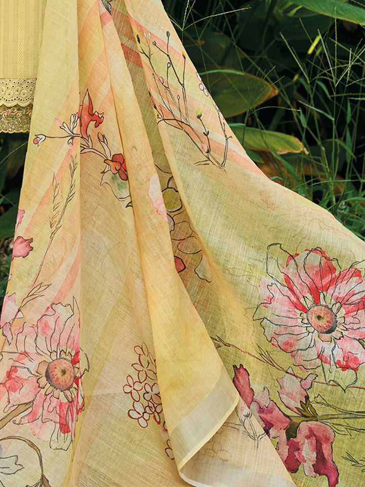 Indo Era Yellow Floral Embroidered Thread Work Pure Cotton Kurta with Trouser &  Dupatta