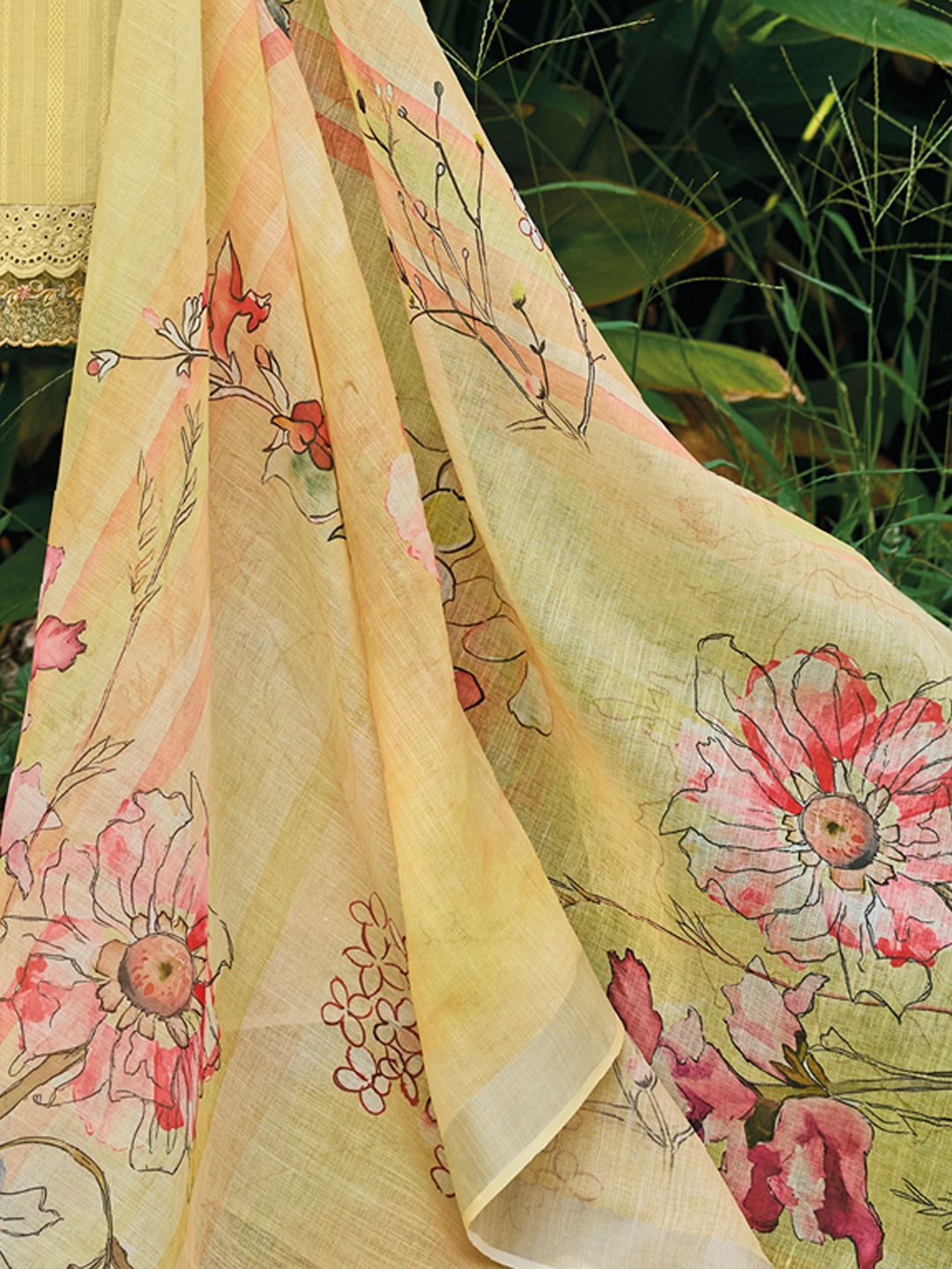 Indo Era Yellow Floral Embroidered Thread Work Pure Cotton Kurta with Trouser &  Dupatta