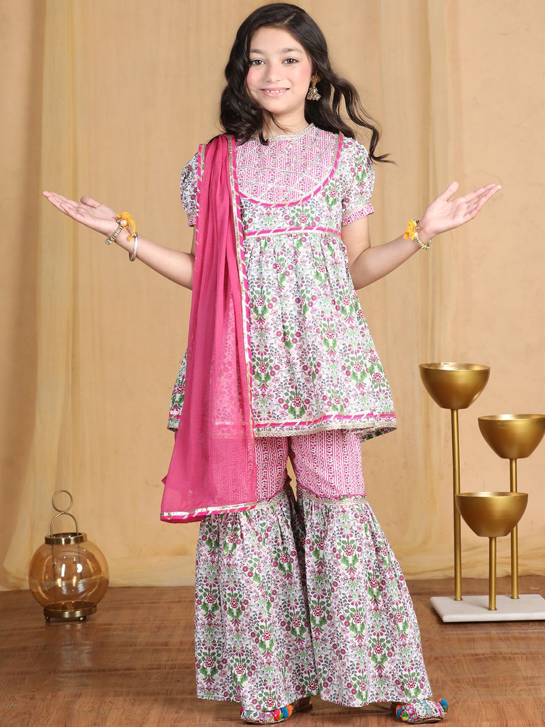 Cutiekins Girls Floral Printed Empire Gotta Patti Kurta with Sharara & With Dupatta
