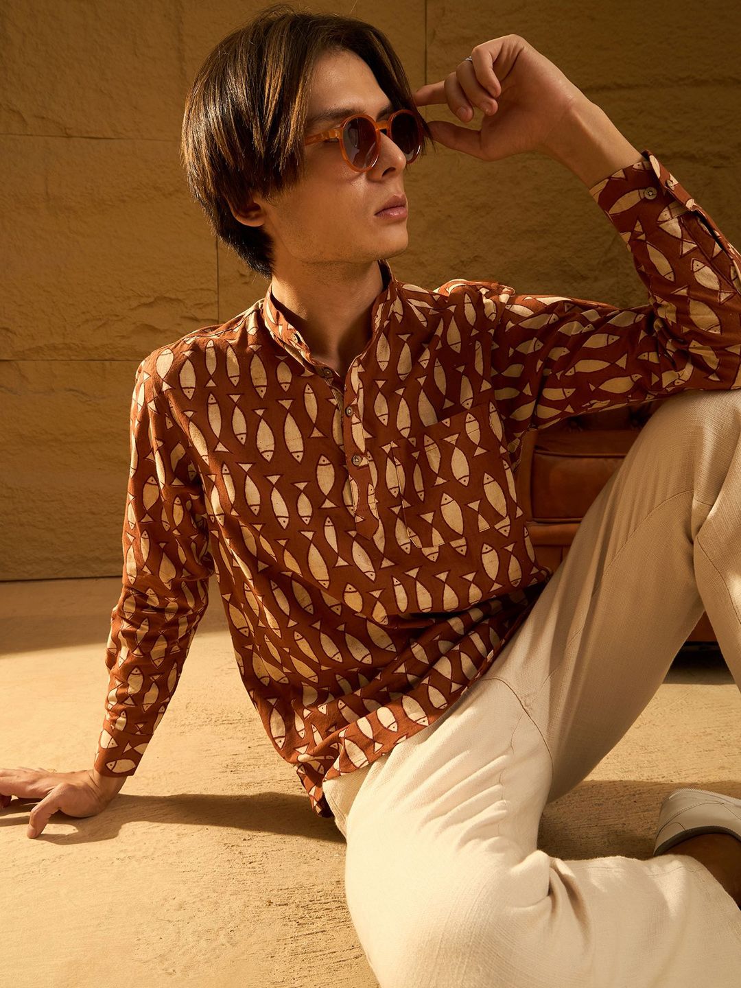 DENNISON Fish Block Printed Cotton Short Kurta