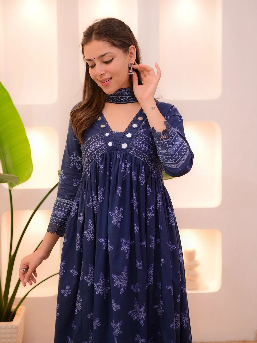 KALINI Floral Printed V-Neck Empire Anarkali Mirror Work Kurta With Trousers & Dupatta