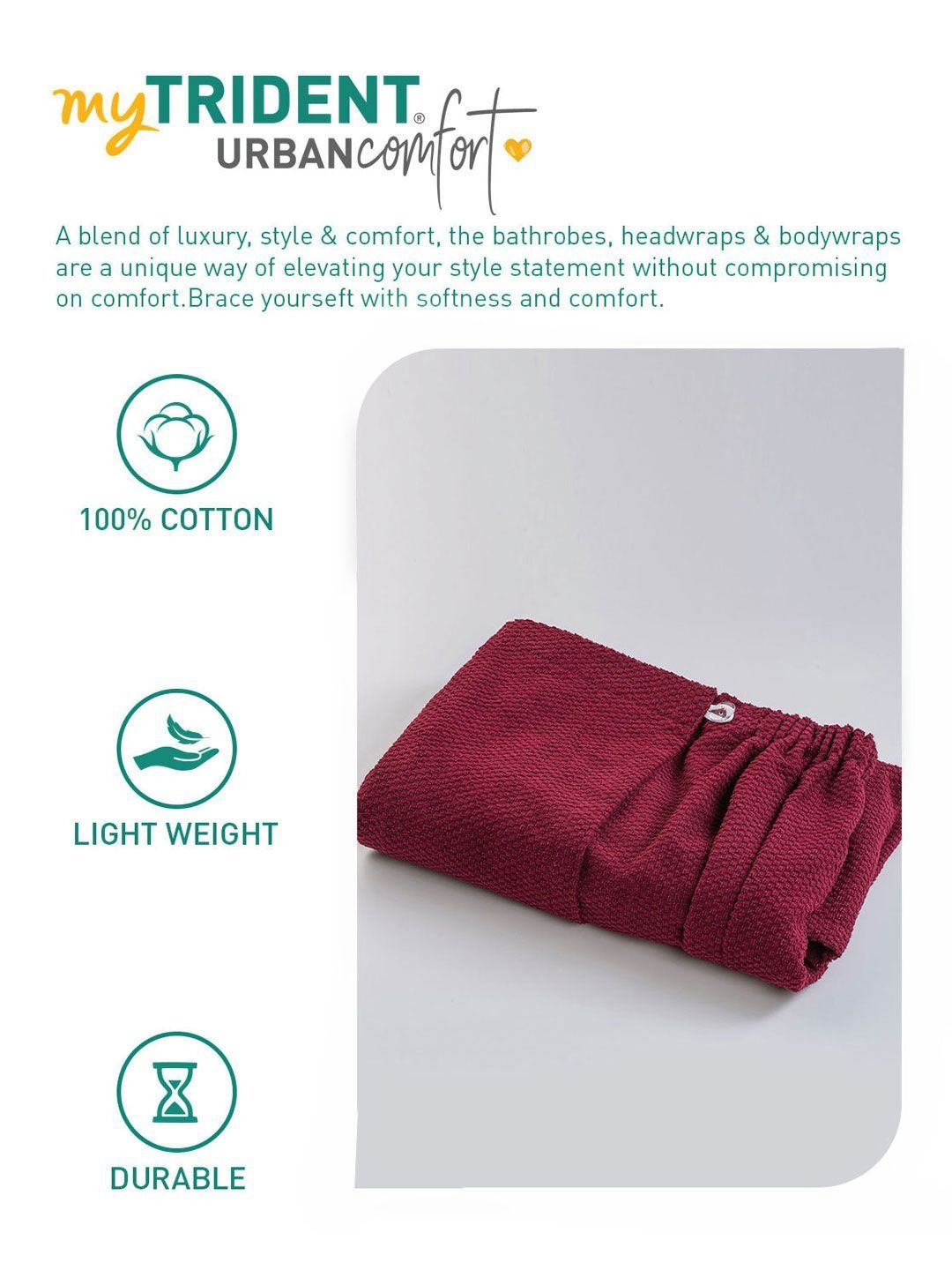 MYTRIDENT Maroon Cotton Bath Robe With HeadWrap
