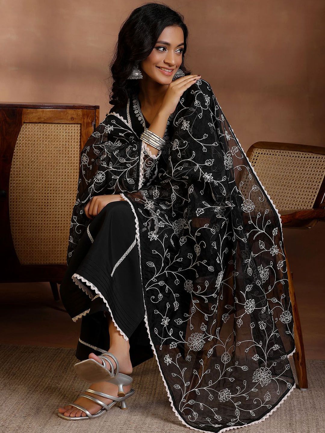 Libas Floral Yoke Design Panelled Sequinned Kurta with Trousers & Dupatta