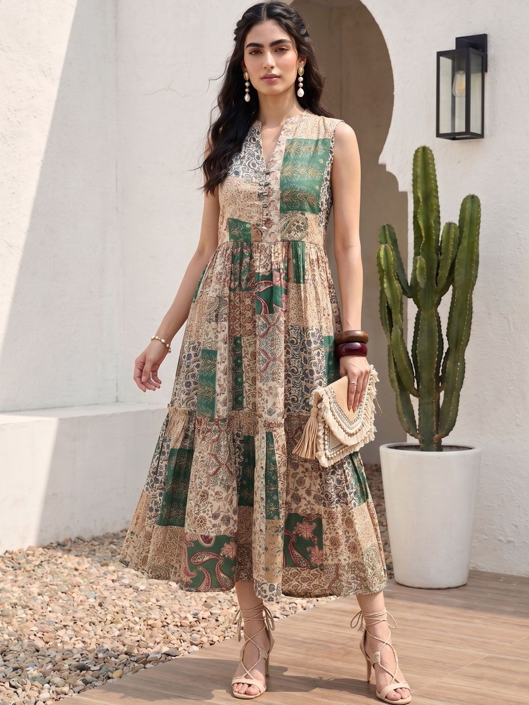 Pakaian Midi A-Line Cetakan Mamicha Bohemian Crepe