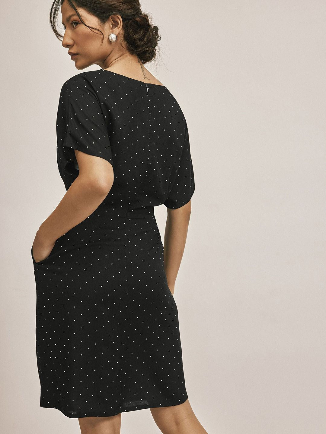 The Label Life Women Monochrome Polka Dot Gathered A-Line Dress