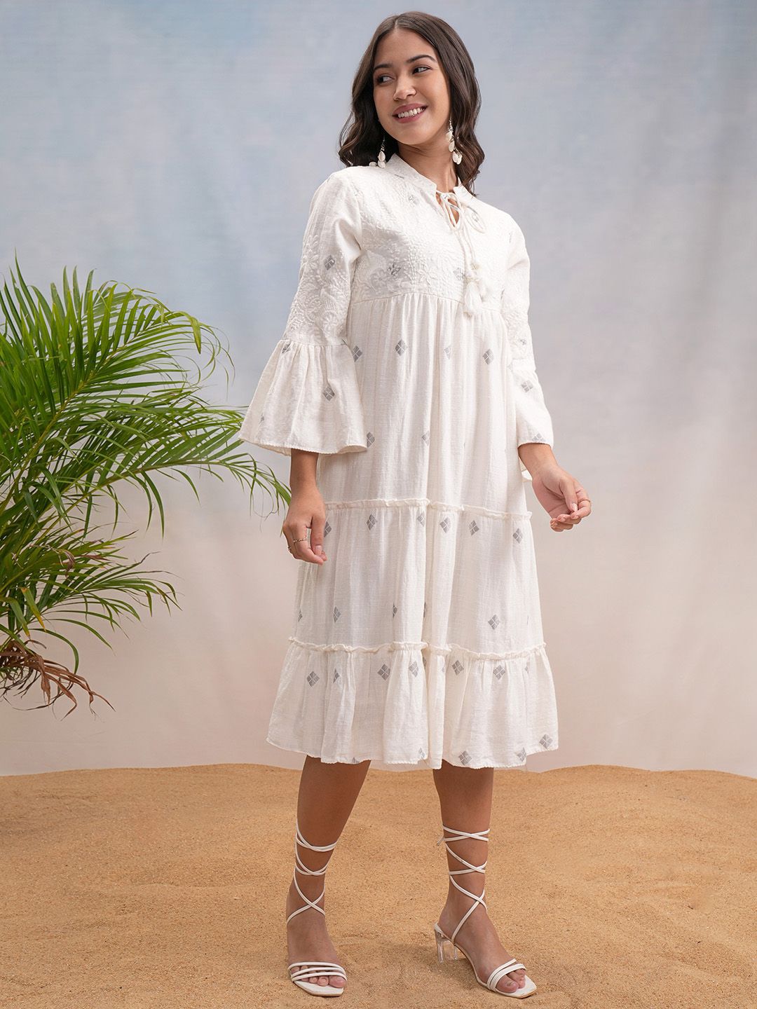 Vishudh Women Cotton Tie-up Neck Bell Sleeve Fit & Flare Midi Dress