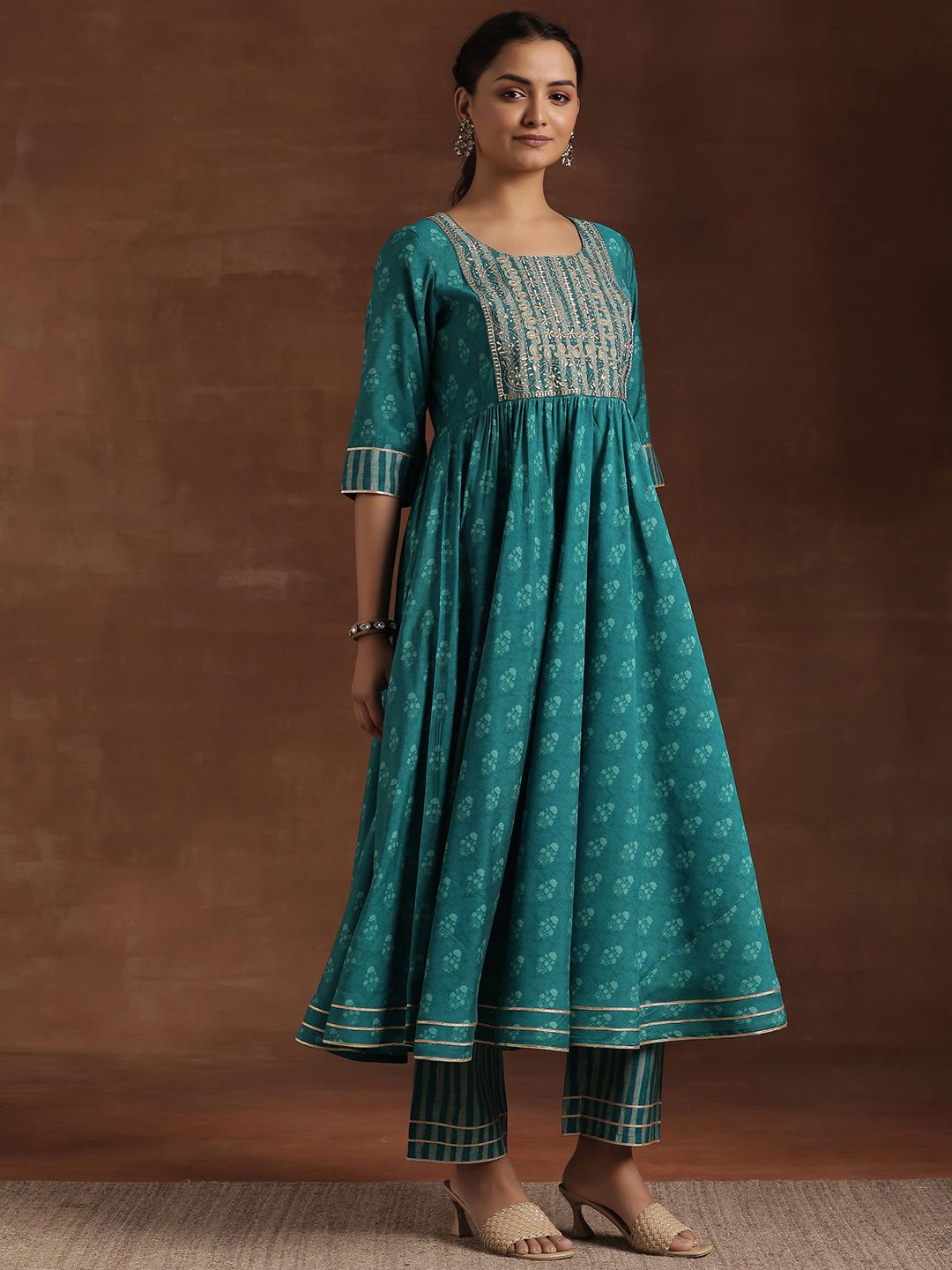 Libas Floral Printed Pleated Mirror Work Anarkali Kurta with Trousers & Dupatta