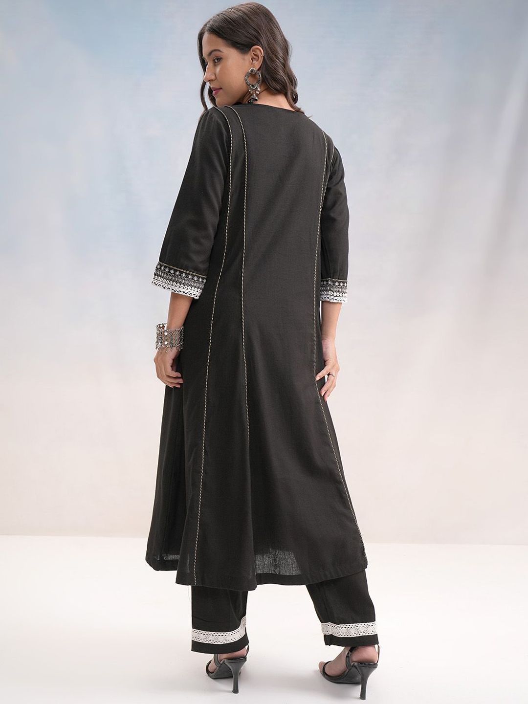 Vishudh Black & Silver Toned Ethnic Motifs Embroidered Cotton A Line Kurta with Palazzos