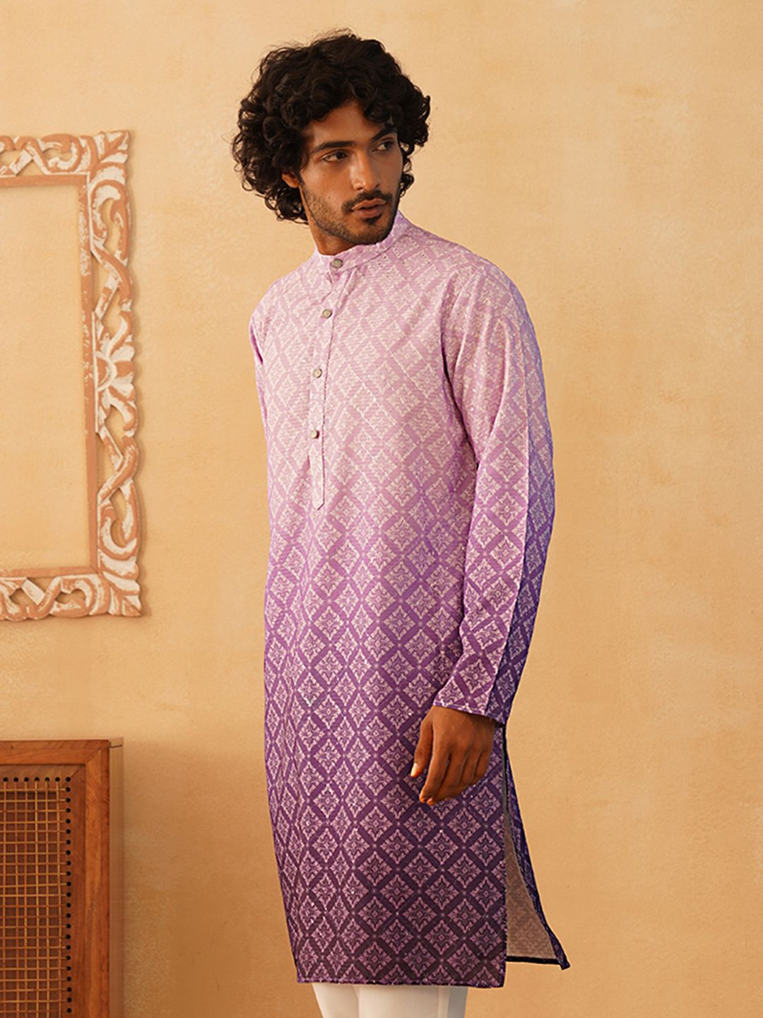 Jompers Band Collar Floral Printed Sequinned Straight Kurta