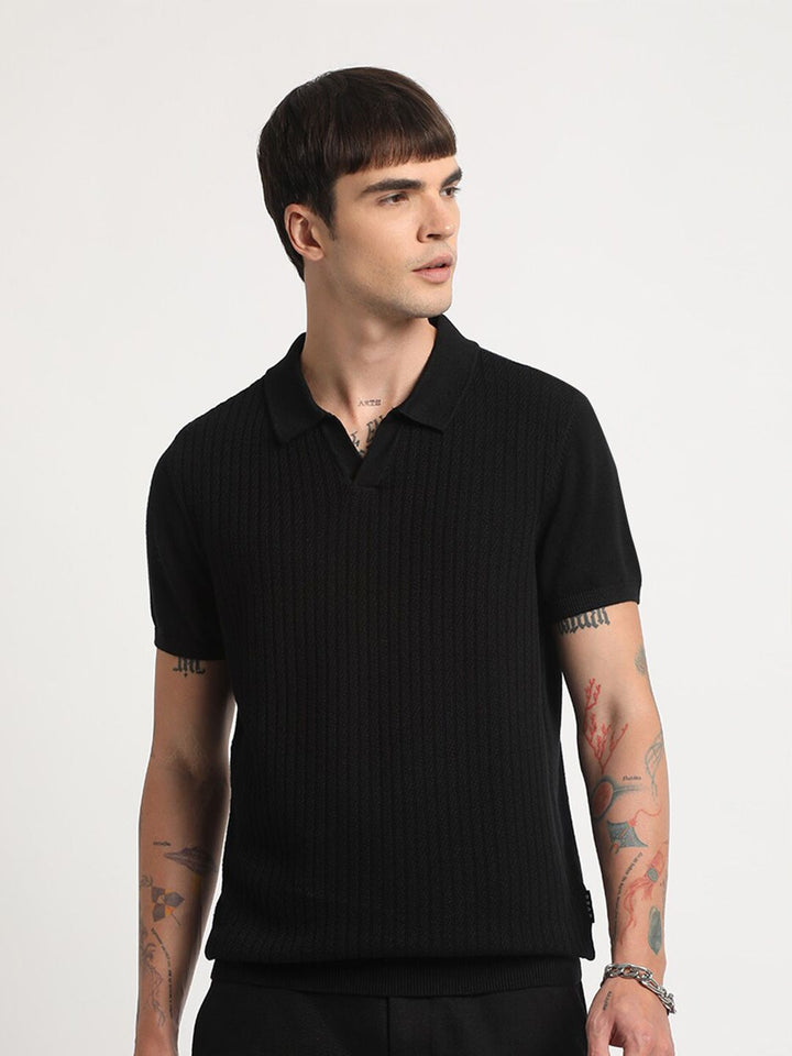 THE BEAR HOUSE Self Design Regular Fit Polo Collar Cotton T-shirt