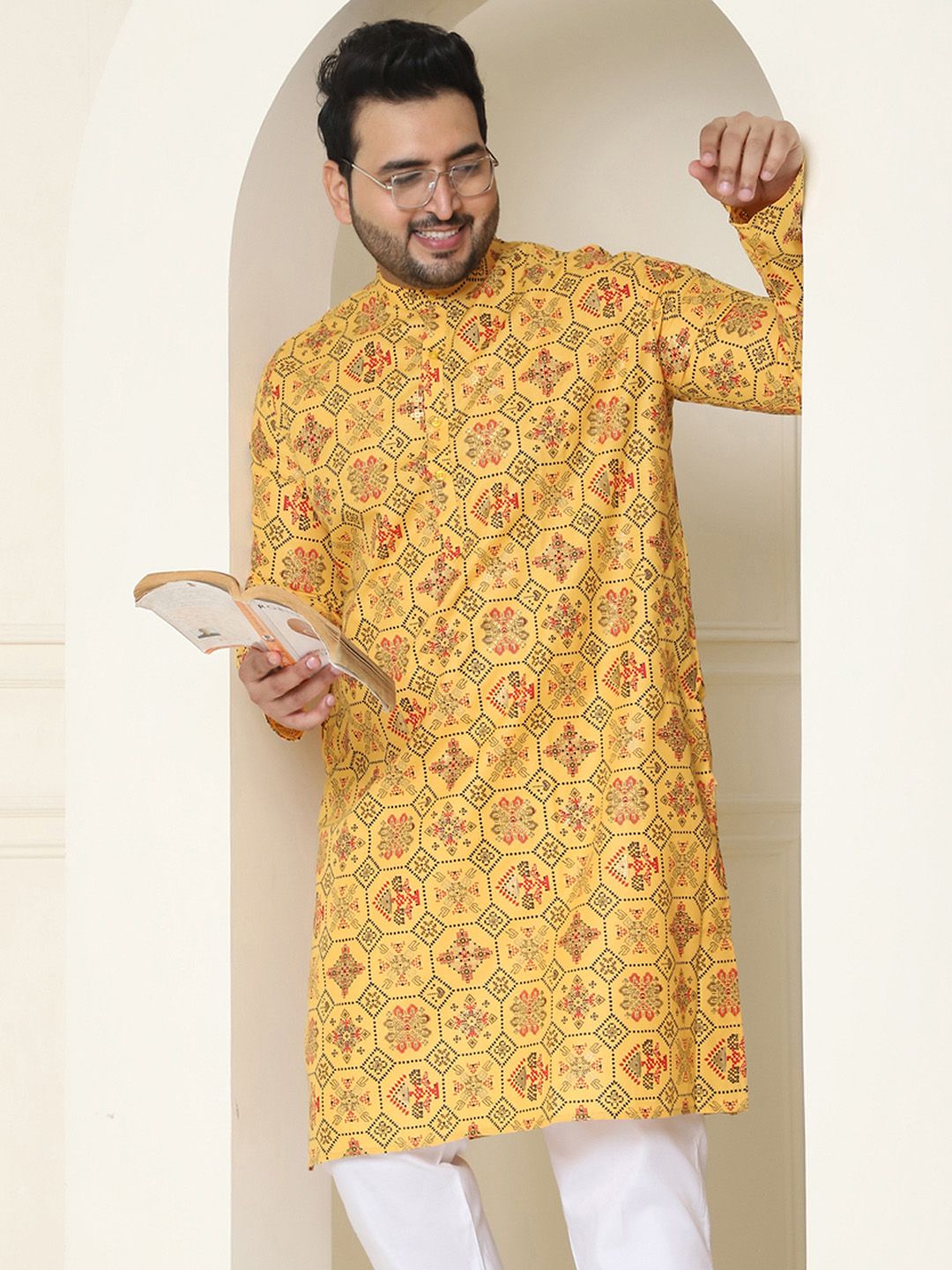 SOJANYA PLUS Ethnic Motifs Printed Band Collar Straight Cotton Linen Kurta