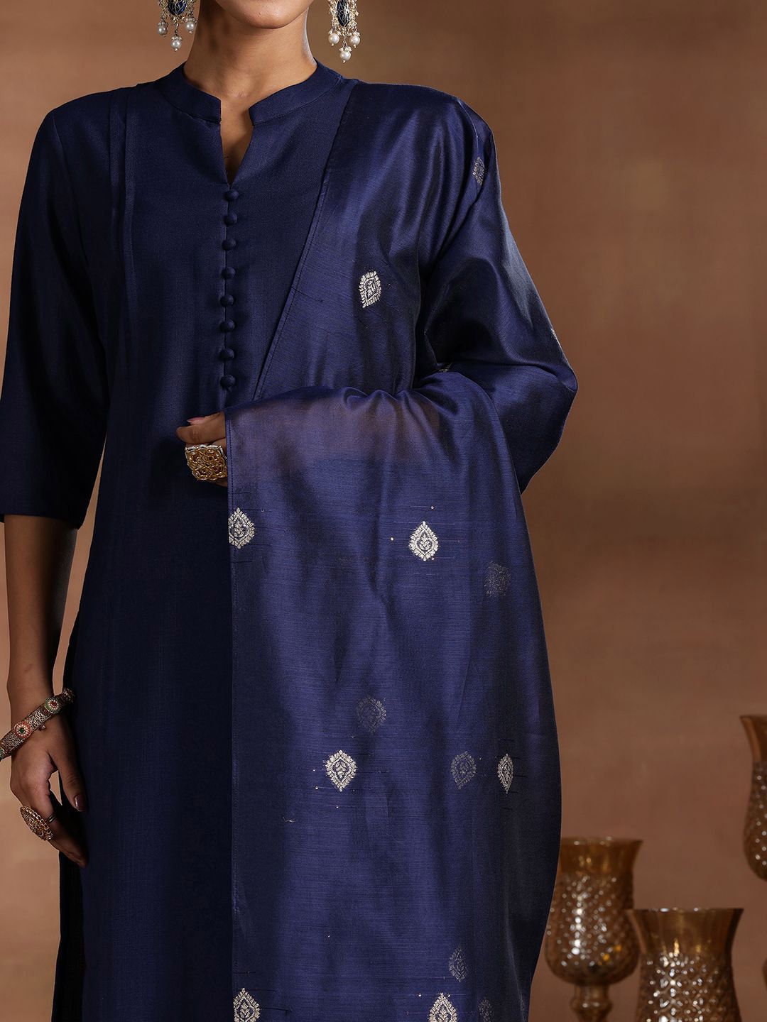 Libas Mandarin Collar Pleated Straight Kurta with Trousers & Dupatta