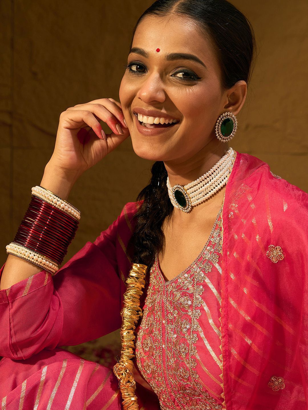 Indo Era Leheriya Embroidered Thread Work Chanderi Silk Kurta With Trousers & Dupatta